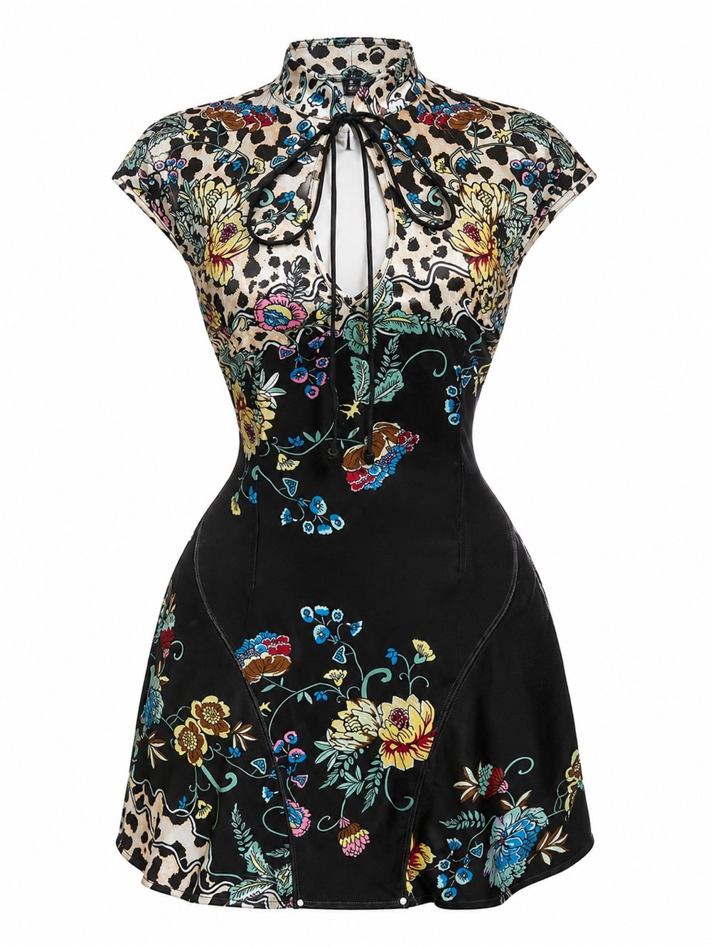 SHEIN Black Floral Mandarin Collar Mini Dress 0XL